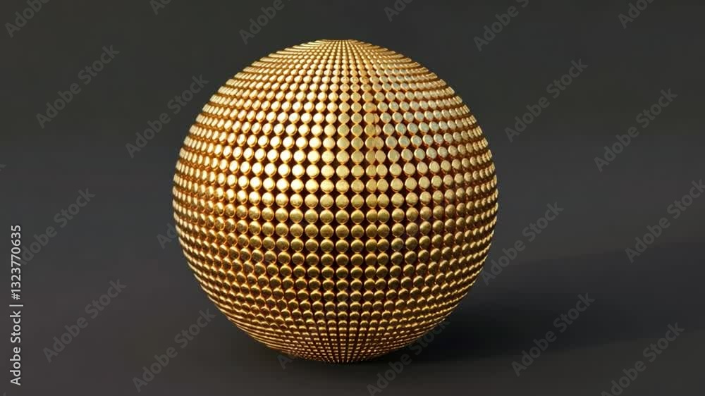 Poster golden sphere with textured, dimpled surface resembling golf ball on dark background shiny metallic 