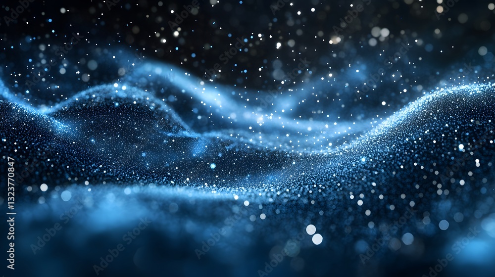 Poster abstract blue particles floating in a dark space background