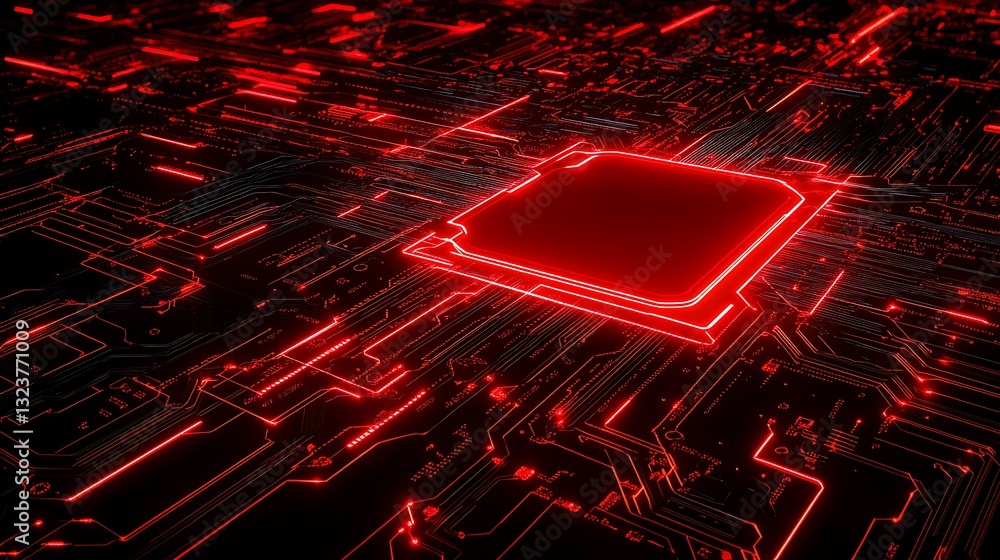 Poster red glowing microprocessor on circuit board with abstract technology design and neon lights