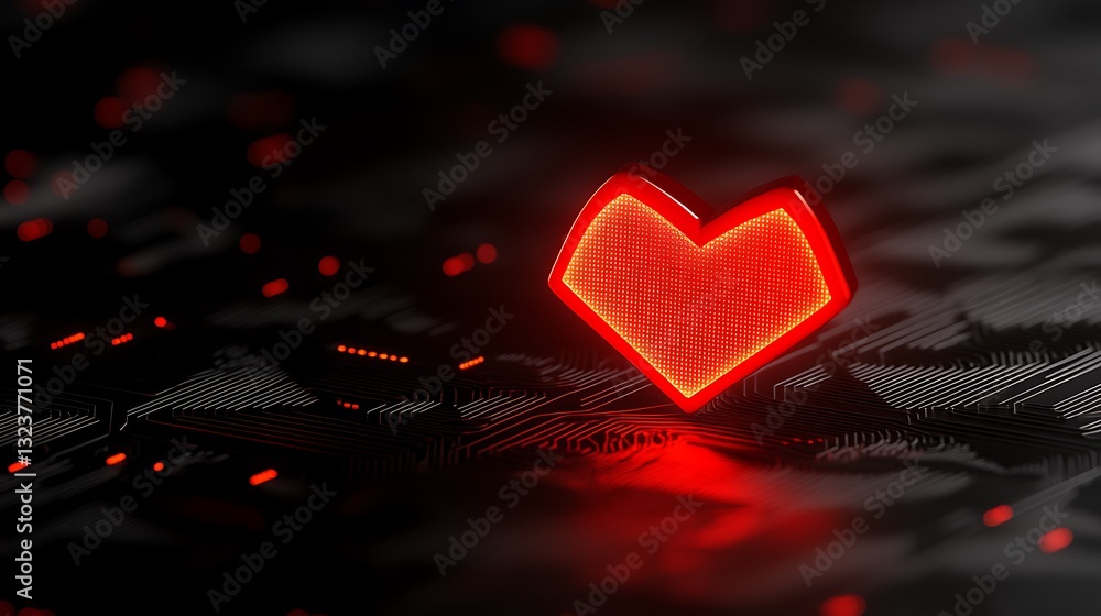 Poster red heart symbol on abstract digital background with glowing lines and patterns