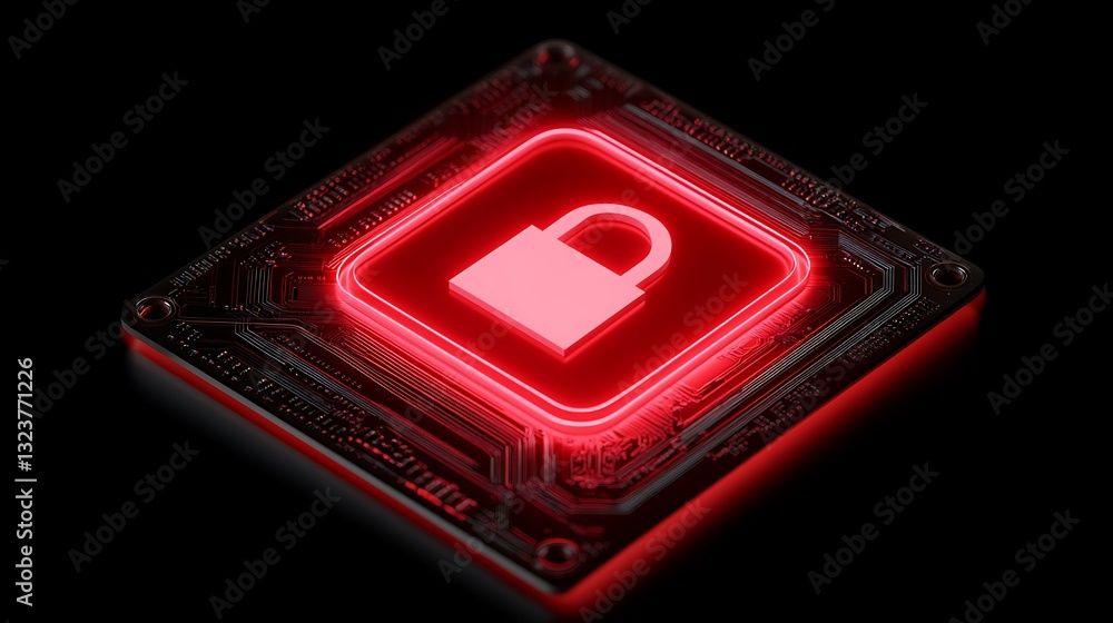 Poster red lock icon on circuit board background representing cybersecurity and digital protection concepts