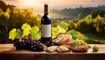 Fototapeta premium A wine bottle surrounded by natural vine leaves, organic snacks, and a softly blurred background, creating a rustic and elegant ambiance. Perfect for vineyard and gourmet themes