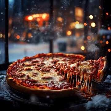 A rich, cheesy Chicago deep-dish pizza loaded with layers of melted cheese, chunky tomato sauce, and Italian sausage, served hot in a cozy Chicago pizzeria with warm indoor lights, steam rising from t
