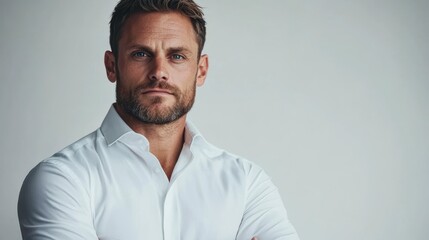 Obraz premium Businessman in white shirt against plain background, professional demeanor, clean and modern aesthetic, suitable for corporate use