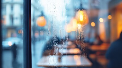 Fototapeta premium Soft condensation on a cafe window blurs the bustling city outside, enveloping the warm, ambient glow inside in a comforting embrace.