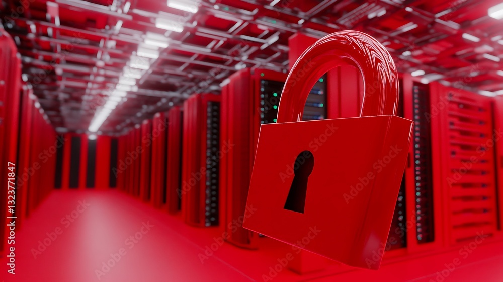 Poster red padlock hangs in front of server racks in a high-tech data center with dramatic lighting effects