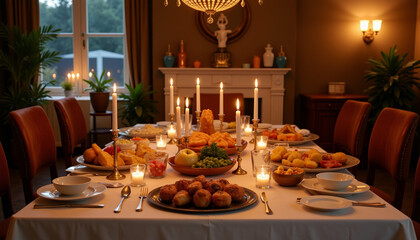 Elegant festive dining table with traditional holiday meal and candles in a warm-lit home interior, perfect for celebration websites and food blogs