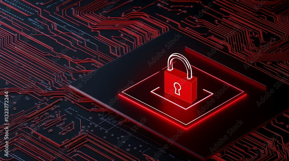 Poster red padlock on circuit background representing digital security and cyber protection concept in tech