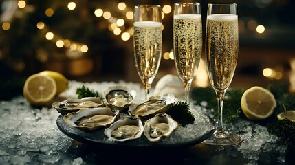 gourmet pairing of champagne and oysters served on a bed of  crushed ice with lemon wedges 