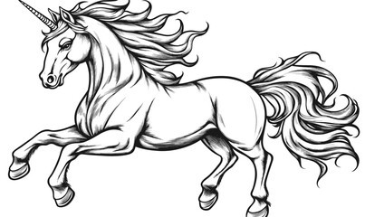 Majestic unicorn with flowing mane in motion, mythical creature art, black and white, vector, linear style, icons set.