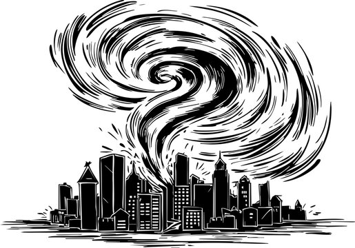 Tornado strikes urban cityscape intense storm graphic illustration turbulent atmosphere dramatic view environmental impact