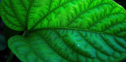 Intricate veins, vibrant emerald hues, lush tropical leaf texture , design, wet