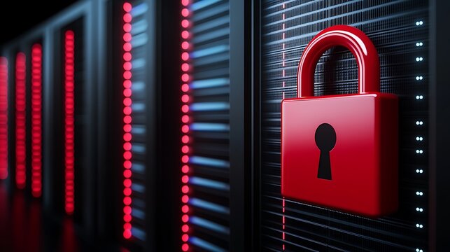 Red padlock securing digital data on server with illuminated rows of lights in a modern technology setting