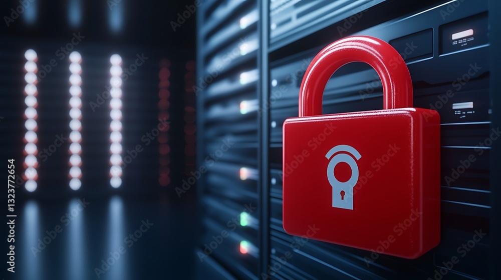 Poster red padlock symbol on server rack, representing cybersecurity, data protection, and secure server en