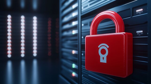 Red padlock symbol on server rack, representing cybersecurity, data protection, and secure server environment