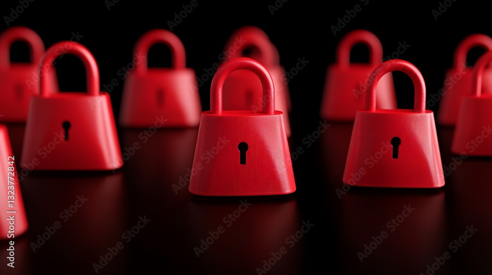 Poster red padlocks arranged in a creative pattern on a dark background symbolizing security and protection