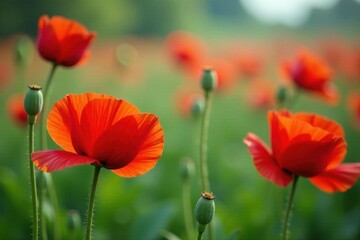 Fototapeta premium Poppies in various stages, buds opening to reveal crimson petals, opening, bud
