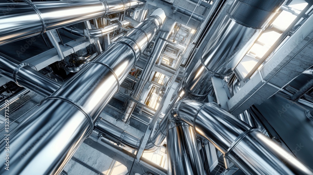 Poster industrial pipes and structures: a low-angle view showcasing the intricate network of industrial pip