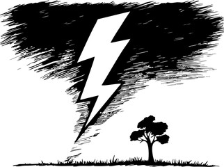 Lightning strikes a tree in a stormy landscape nature illustration dramatic viewpoint artistic concept