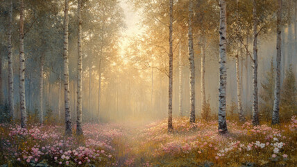 Fototapeta premium Painting of a hazy forest in springtime. Flowers bloom in forest floor. Sunlight filters through the trees.