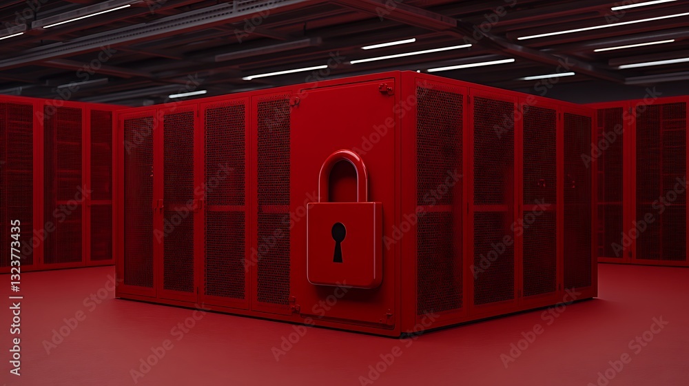Poster red storage room with large padlock symbolizing security and data protection in an industrial enviro