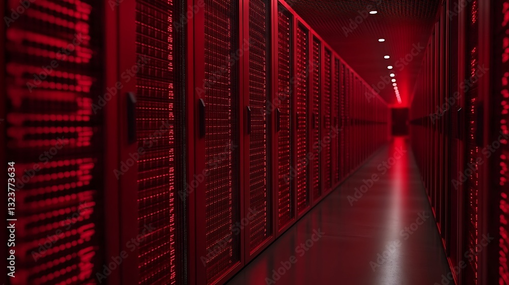 Poster red-lit data center corridor with server racks and high-tech digital environment