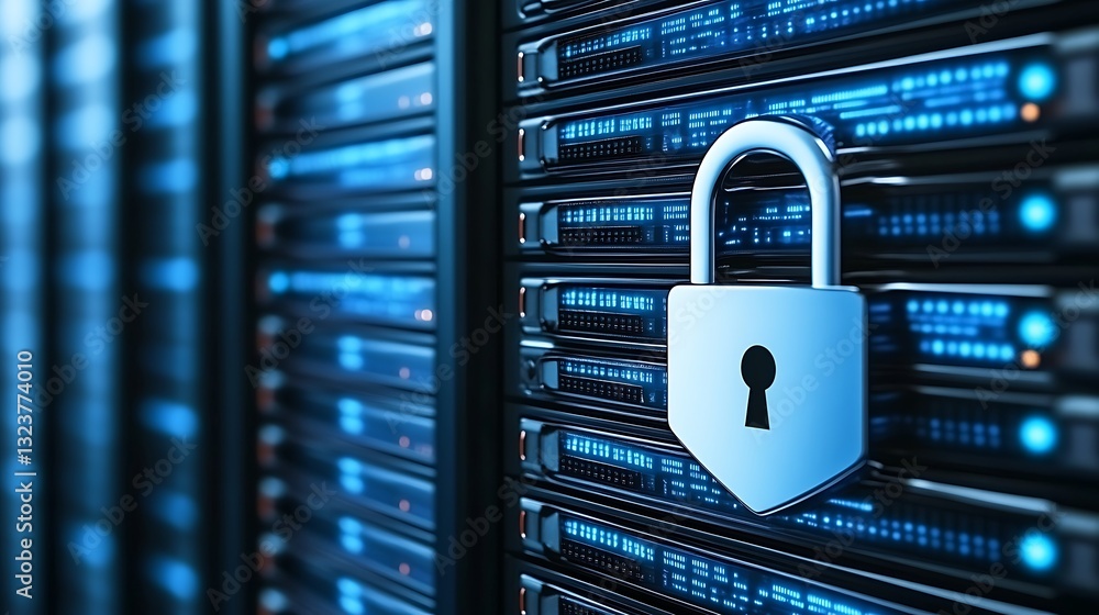 Poster secure data center with digital lock symbol overlaid on server racks representing data protection an