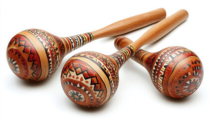 Handmade wooden maracas set with intricate tribal patterns, perfect for percussion enthusiasts. These colorful instruments add rhythm and joy to any musical performance