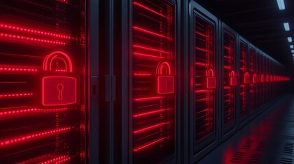 Secure Data Center with Lock Symbols, Red LED Lights, and Server Racks in a High-Tech Environment