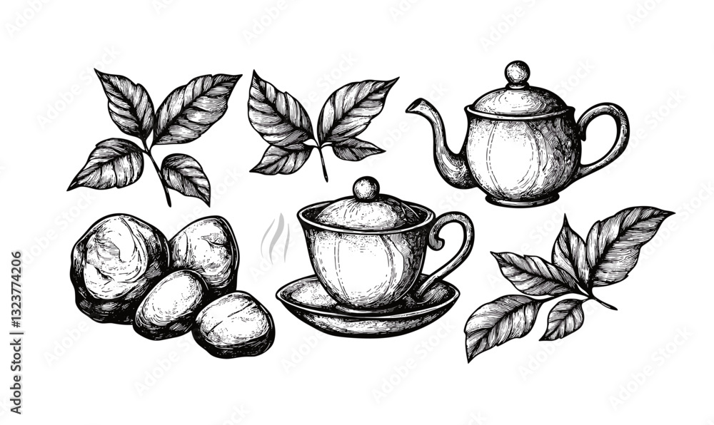 Poster tea and coffee elements with leaves and beans - linear icons set - vector.