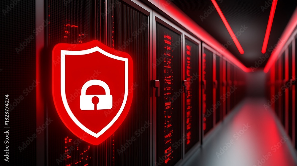 Poster secure data center with red neon light and lock symbol representing cybersecurity and data protectio