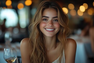 Smiling woman dining at elegant restaurant evening happiness communication lifestyle food wine smartphone technology