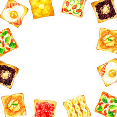 さまざまなアレンジトーストのフレーム　料理・カフェメニューの手描き水彩イラスト背景素材