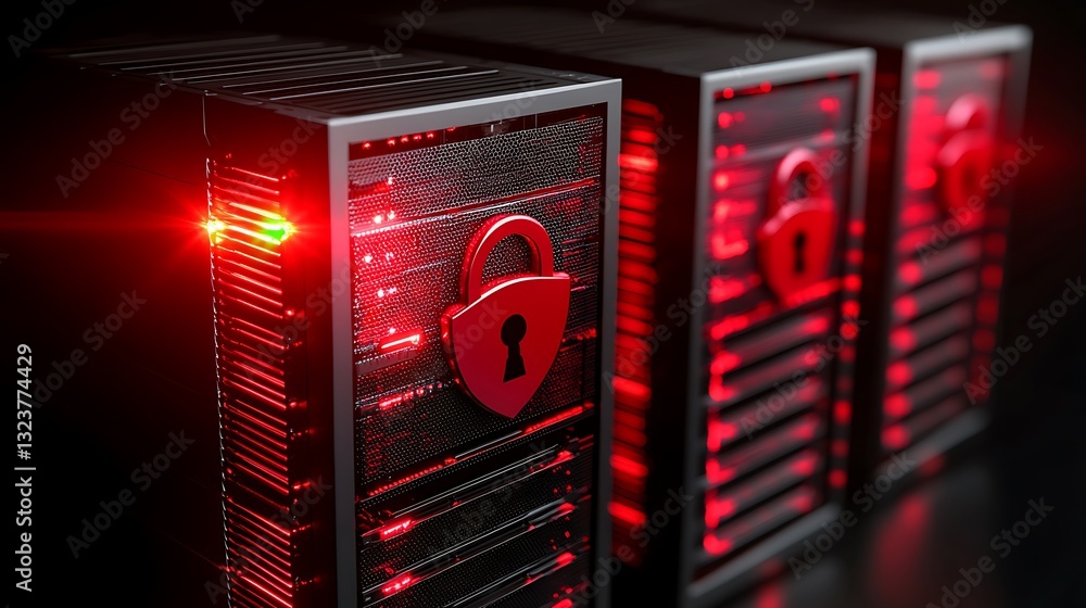 Poster secure data server with lock symbol and red light illumination in a dark background setting