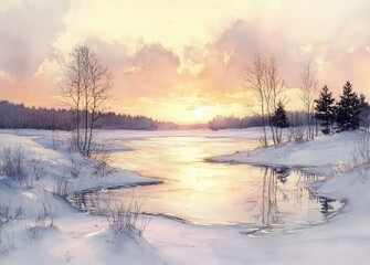 Serene Winter Landscape Frozen River Sunset Watercolor
