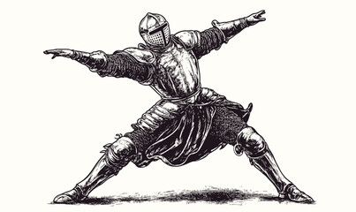 Medieval knight in armor strike pose, linear icons set, vector.