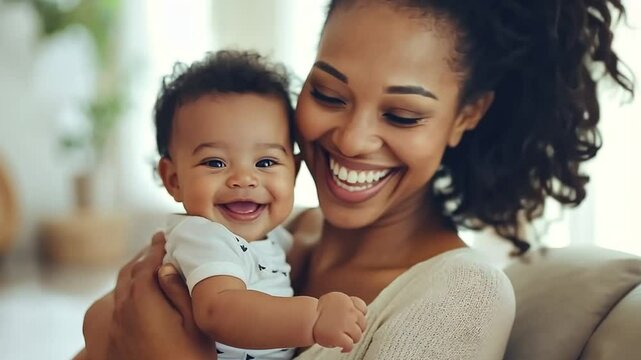 Mother and baby sharing a joyful moment with smiles and laughter, happiness and contentment