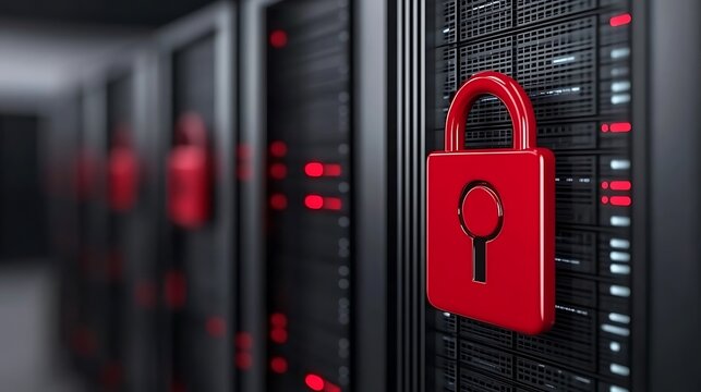Secure Data Center with Red Padlock Symbolizing Cybersecurity Protection and Network Safety Measures