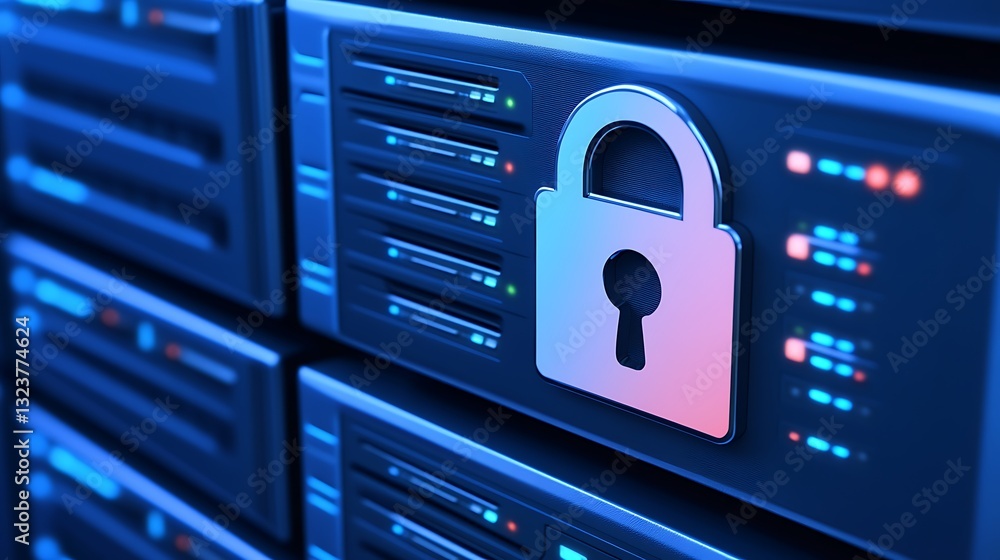 Poster secure data storage concept with digital lock symbol on server racks in a blue lit server room envir