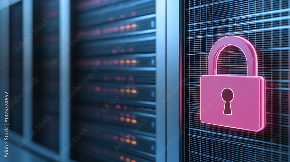 Poster secure data storage concept with digital lock symbol over server racks in modern data center environ
