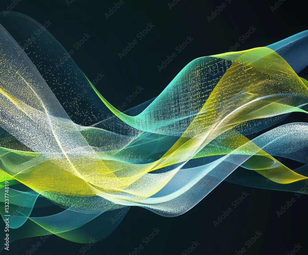 Poster abstract flowing lines: a dynamic composition of flowing lines in shades of green, yellow, and blue.