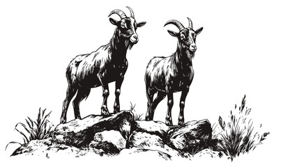 Two mountain goats on a rocky cliff, wildlife nature animals in black and white, linear icons set, vector.