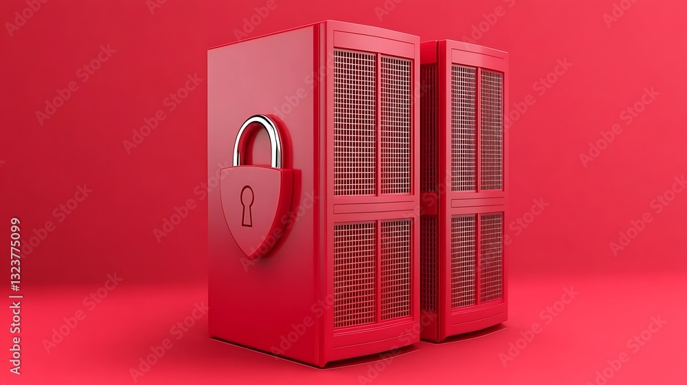 Poster secure data storage systems with red cabinets and padlock symbol on vibrant red background