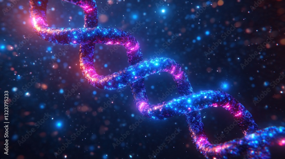 Poster glowing dna strand in futuristic digital art with recombinant technology and genetic engineering con