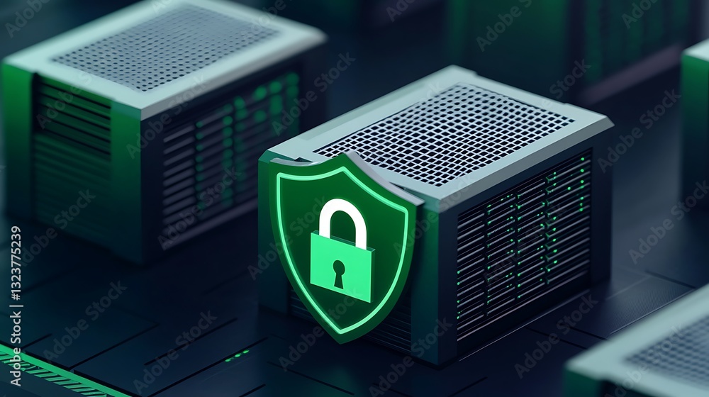 Poster secure digital data storage visualization with shield and lock symbol illustrating cybersecurity con