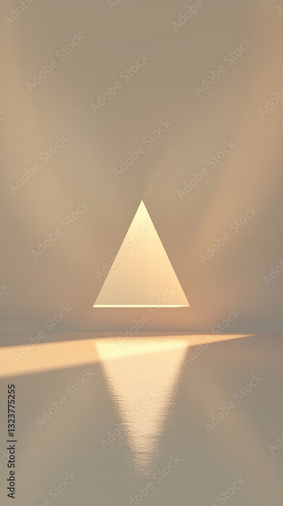 Poster geometric elegance: the image features a minimalist, illuminated, white triangle suspended in a stud