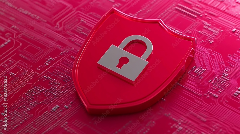 Poster security shield with lock symbol on abstract digital circuit background for cyber protection concept