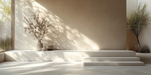 Modern white product display pedestal with natural light and soft shadows in minimalist room