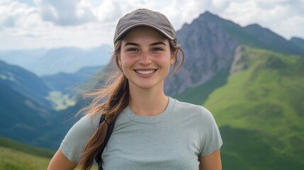 Naklejka premium Mountain Trailblazer: A radiant young woman, a vision of vitality, smiles with pure joy as she stands amidst a breathtaking mountain panorama, embodying the spirit of adventure.