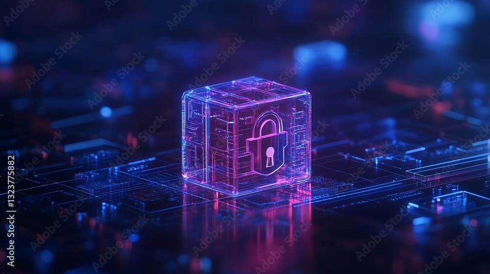 Poster transparent digital lock cube on a glowing circuit board background representing cybersecurity and d